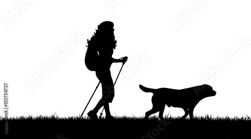 Vector silhouette of girl with dog on white background.