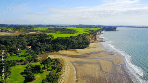 Cliff on a sunny beach with farmland on the background. Auckland, New Zealand.