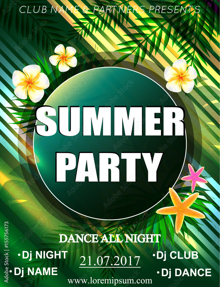 Summer Party Poster with palm leaf and tropical flowers. Background  Template. Festival Vector mockup. DJ poster design. DJ background. Vector  illustration Stock Vector | Adobe Stock