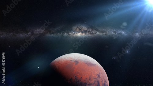 Fototapeta Naklejka Na Ścianę i Meble -  planet Mars during the Martian winter in front of the Milky Way galaxy and the sun