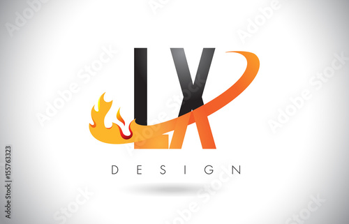 LX L X Letter Logo with Fire Flames Design and Orange Swoosh.