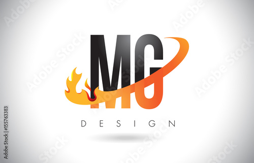 MG M G Letter Logo with Fire Flames Design and Orange Swoosh.