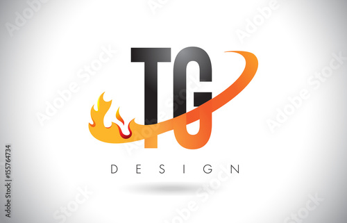 TG T G Letter Logo with Fire Flames Design and Orange Swoosh.