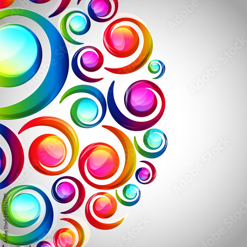 Abstract colorful spiral arc-drop pattern on a light background. Transparent colorful elements and circles design card.  