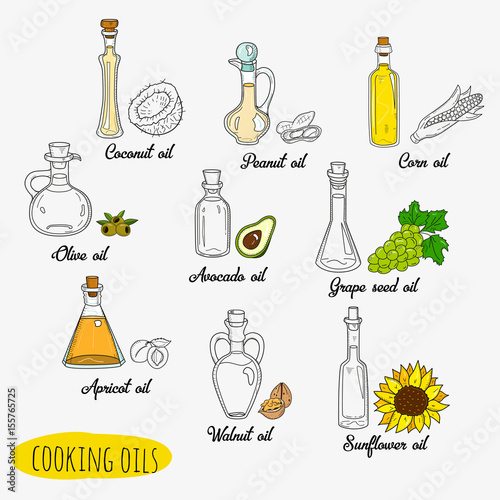 9 isolated doodle cooking oils. Mixed colored and outline set. Sketchy hand drawn vegetable oils. With origin products olive, apricot, corn, grape seed, walnut, coconut, avocado, peanut sunflower
