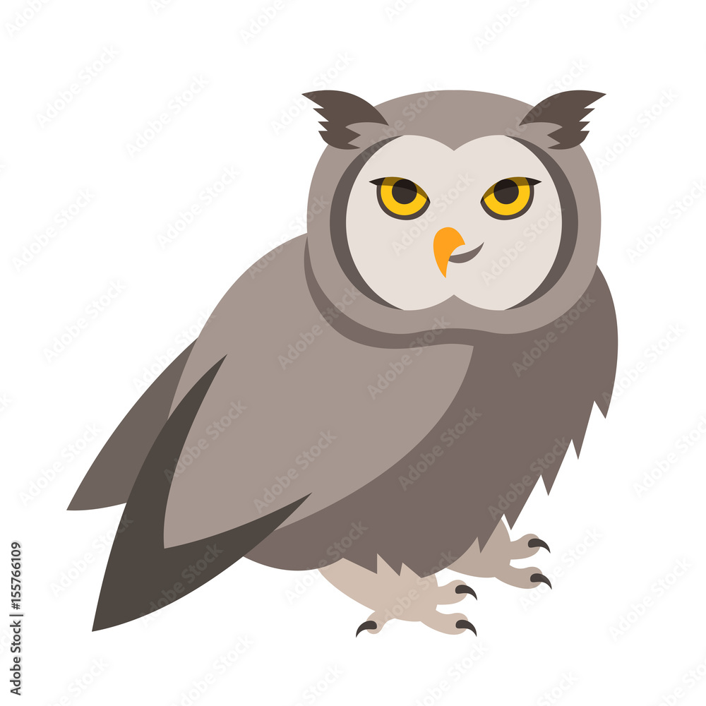 Cute smiling owl vector cartoon illustration. Wild zoo bird icon. Shaggy adult predator. Isolated on white. Forest animal childish character. Simple flat design element