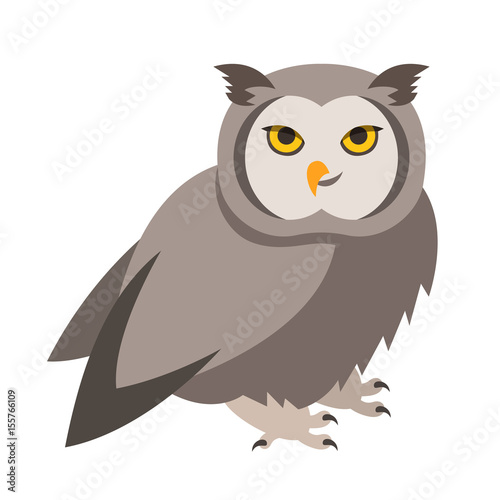 Cute smiling owl vector cartoon illustration. Wild zoo bird icon. Shaggy adult predator. Isolated on white. Forest animal childish character. Simple flat design element