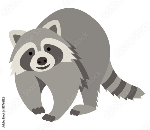 Cute smiling raccoon vector cartoon illustration. Wild zoo animal icon. Fluffy adorable pet looking straight. Isolated on white. Forest fauna childish character. Simple flat design element for kids