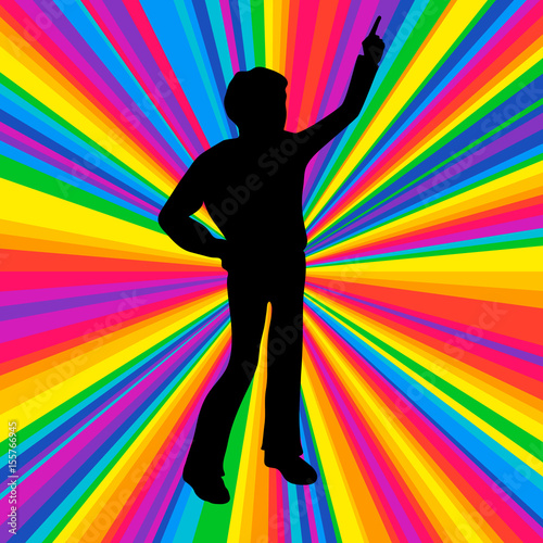 Silhouette dancing human, music battle party, disco ray background.
