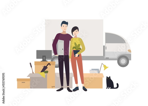 Happy young couple moving into a new house with things. Cartoon illustration ...