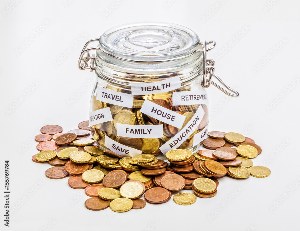 classic glass jar used for canned food filled with euro coins. Concept of family economy and savings. classic glass jar used for canned food filled with euro coins. Concept of family economy and savings.