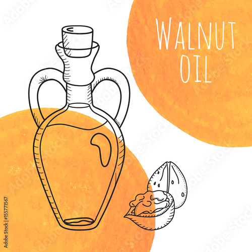 Hand drawn walnut oil bottle with orange watercolor spots. Isolated cute decanter with food oil and walnuts. Sketchy doodle illustration for aroma therapy, cosmetic, organic shop. Glass jug with cork.