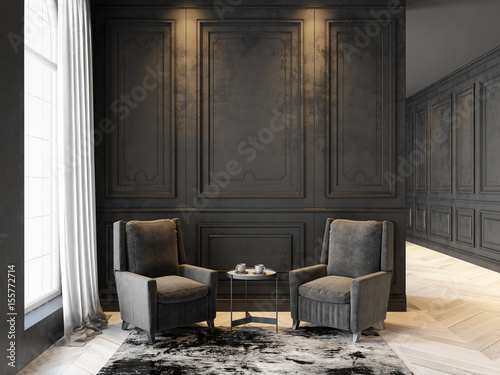 Armchairs and coffee table in classic black interior. 3D render interior mock up.