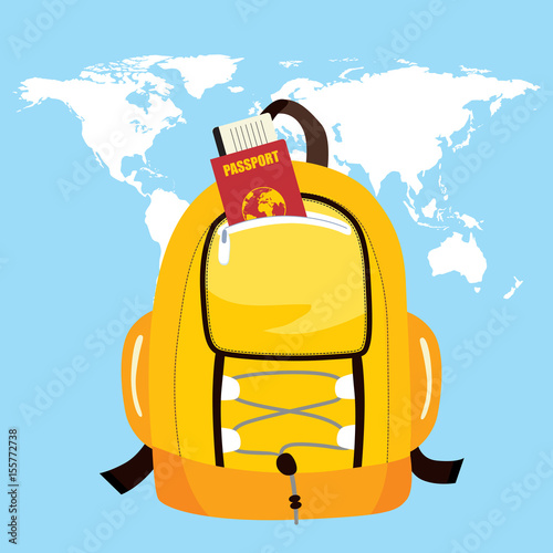 Trekking bag with passport and world map on background travel concept