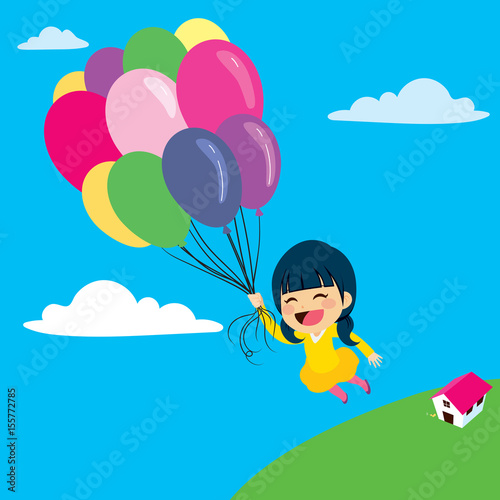 Beautiful little girl flying with balloon over the clouds in the sky