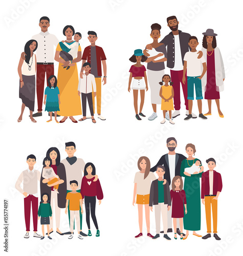 Set of large family portrait. Different nationalities african, indian, european, asian mother, father and five children. Happy people with relatives. Colorful flat vector illustration.
