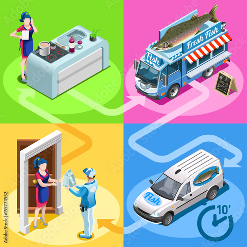 Fish shop take away food truck and white car or van for fast home delivery vector infographic. Isometric people delivery man processing online order at the client customer door