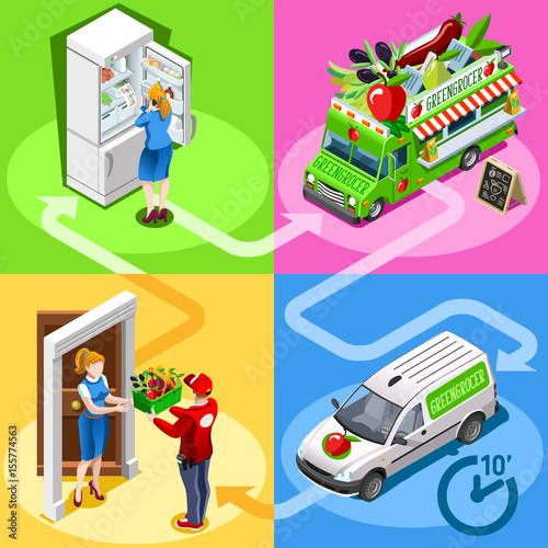 Greengrocer take away food truck and white car or van for vegetable fast home delivery vector infographic. Isometric people delivery man processing online order at the client customer door