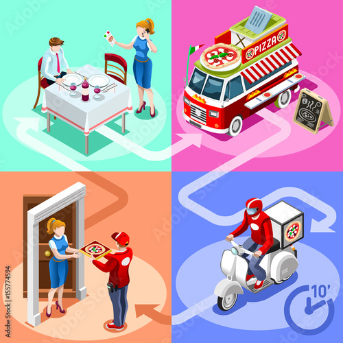 Pizza take away food truck and white motor scooter for fast home delivery vector infographic. Isometric people delivery man processing online order at the client customer door