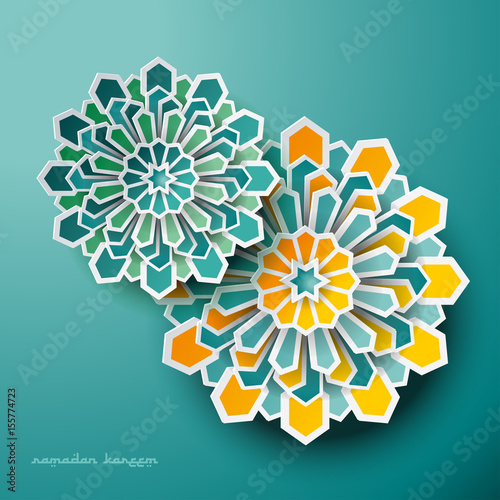 Vector abstract flower as rose window graphic of islamic geometric art. Paper Ramadan Kareem background with Islamic decorations. © Aurielaki