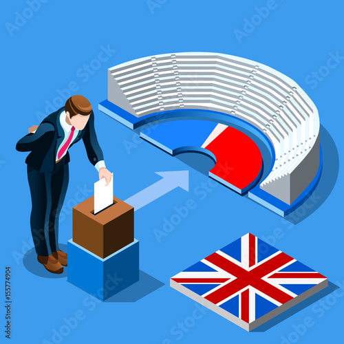 UK election voting concept English man putting paper in the isometric ballot box. 3D flat Isometric people vector infographic design