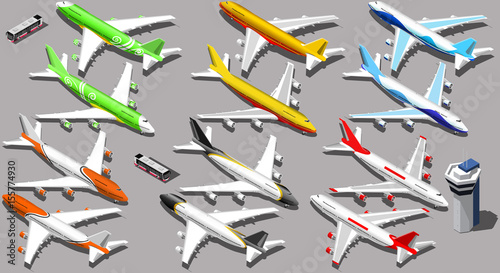 Vector isometric aeroplane isolated icons 3D aircraft with planes and shuttle bus