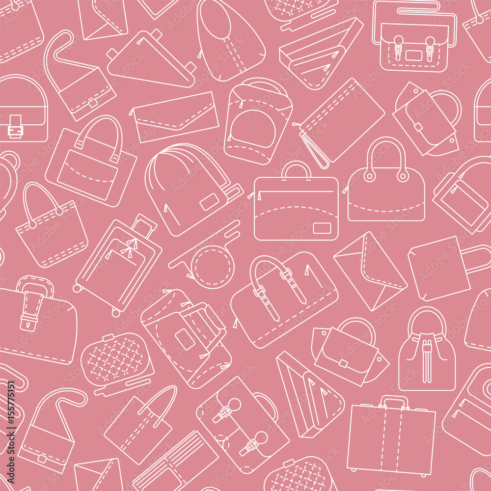 Seamless pattern. Different bags and cases in linear icons style. Pink color. Vector illustration.