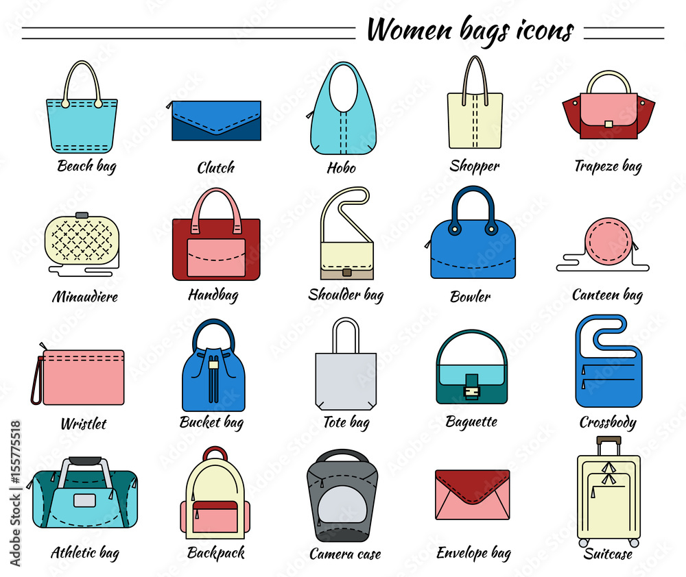 Set of 20 colorful pictures in linear style. Different types of women bags.  Beach, hobo, shopper, clutch, miniaudiere, handbag, wristlet, baguette,  suitcase, backpack etc. Vector illustration. Stock Vector | Adobe Stock