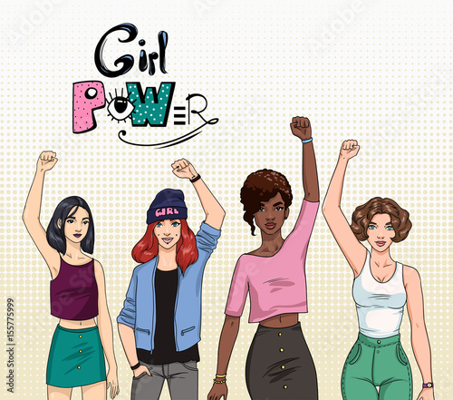 Girl power, Feminism concept. Different young modern girls with hands up. Colorful illustration.