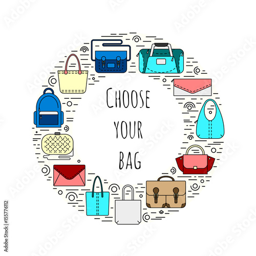 Circle collage with different womens bags, lines, hearts,  dots, and inscription "Choose your bag" in empty middle. Bright colors. Vector illustration.