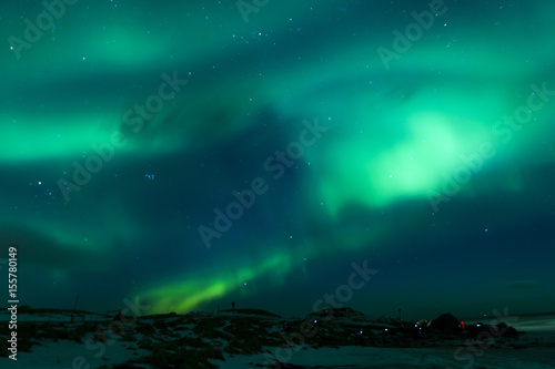 Picturesque Unique Northern Lights Aurora Borealis Over Lofoten Islands in Nothern Part of Norway.
