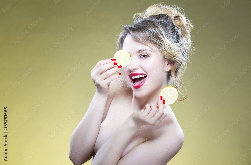 Fruit Series. Portrait of Cute Funny Naked Caucasian Girl Holding Two Lemon  Slices In Front of Her Face . Against Yellow Background. Stock Photo |  Adobe Stock