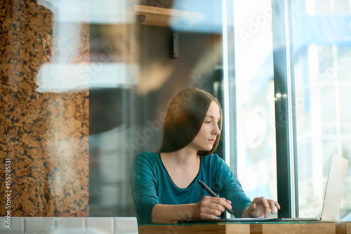 Young female freelance designer working on the laptop and graphic tablet while sitting at the cafe photo