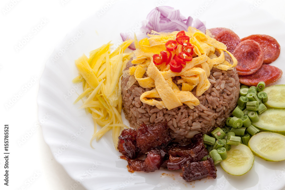 Rice seasoned with shrimp paste on the dish, white background