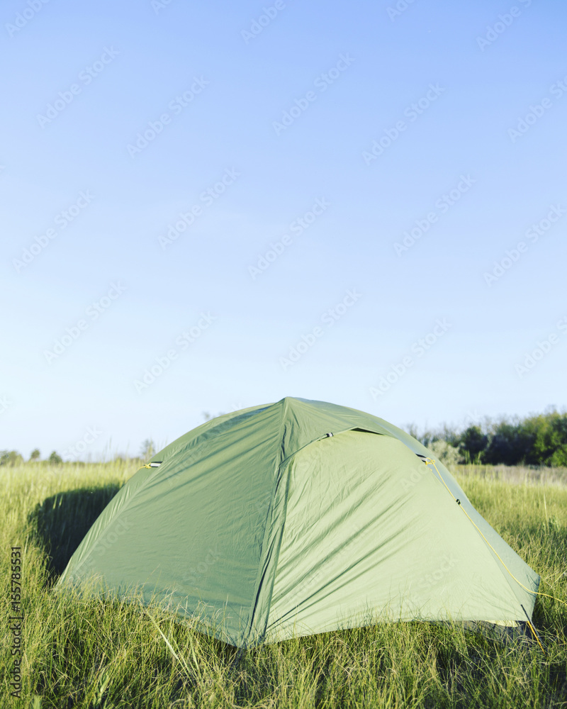 The tent is standing in a clearing in the forest.