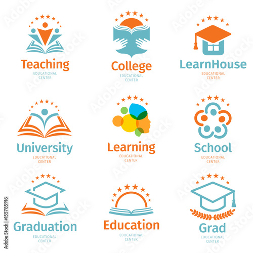 Isolated abstract colorful education and learn logo set, university and school books, graduate hats and human silhouettes logotypes collection on white background vector illustration. Teaching symbols