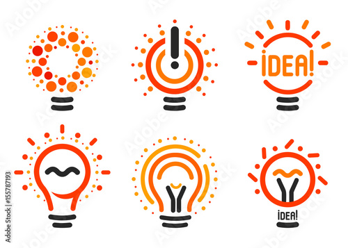 Stylized set of vector lightbulbs with line, dots, beam. New idea symbols collection colorful logotypes. Flat abstract bright cartoon bulbs. White, black, orange colors sign. Idea icon, circle logo
