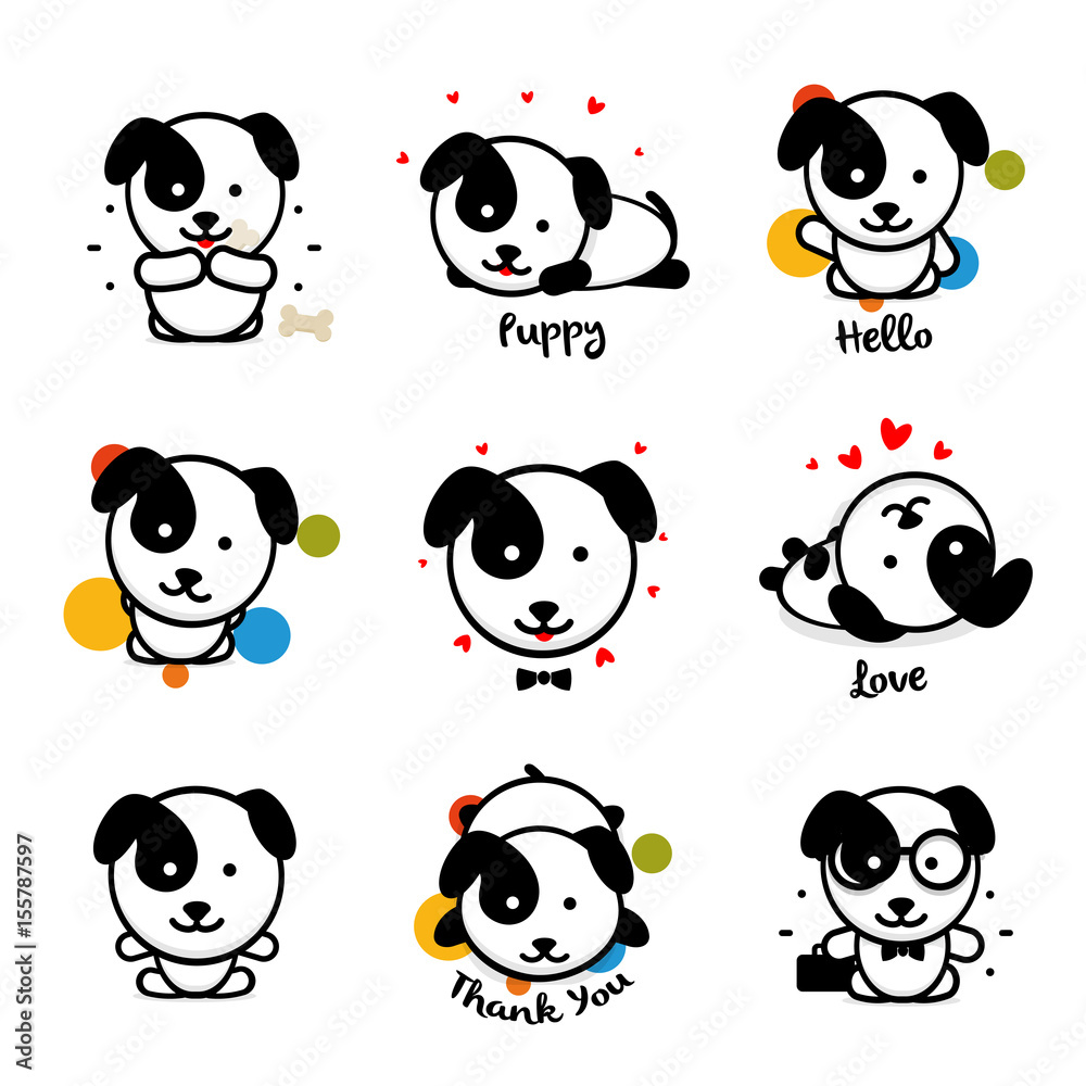 Obraz premium Cute puppy vector logo set. Favorite pet logotype collection. Joyful and cheerful human friend in the cartoon style icons, is played in a bone, lies, loves, welcomes and rests