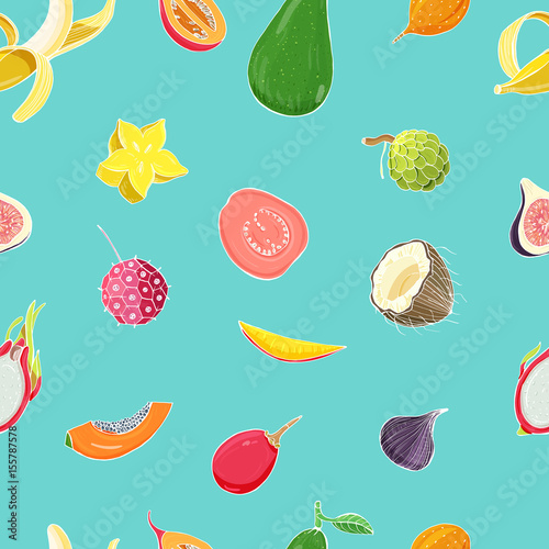 Fototapeta Naklejka Na Ścianę i Meble -  Seamless pattern with exotic tropical fruits. Colorful vector background.