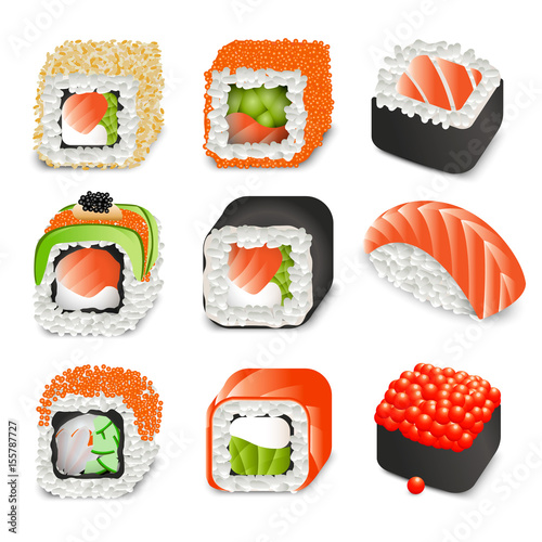 Colorful realistic japanese food icons set with different sushi and rolls on white background isolated vector illustration.