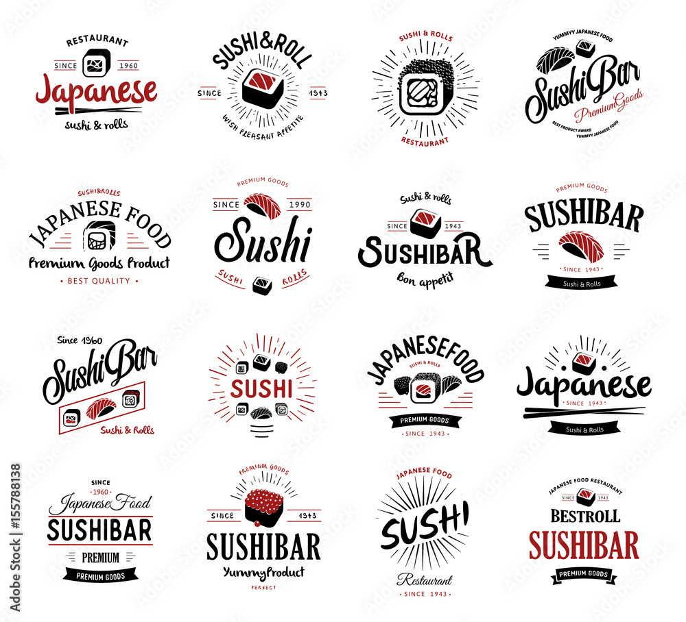 A large set of vector logos and emblems for restaurants of Japanese food in a retro style with lettering and icons and shape of sushi, roll, chopsticks, ribbons and rays. Label and illustration group.