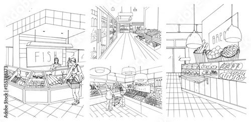Supermarket interior hand drawn contour illustrations set. Grocery store fish, bread, fruit, vegetable departments with shoppers.