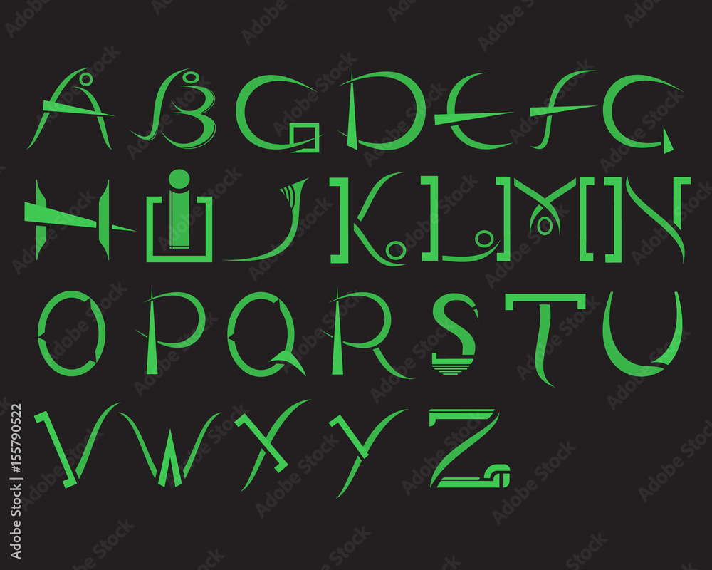 Green alphabet on a black background in modern styles
