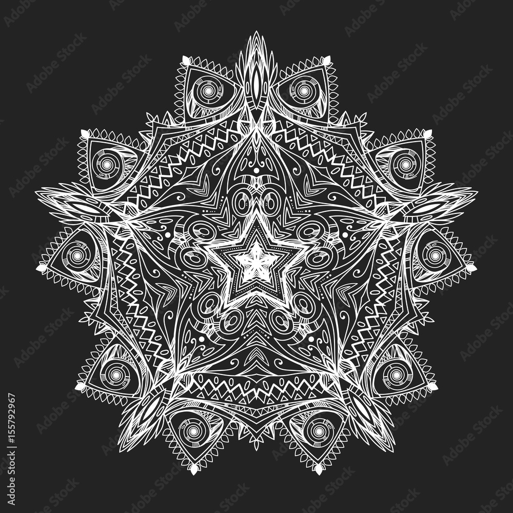 Beautiful complicated mandala. Ethnic graphic element. Big mandala seems like snowflake or white lace. It can be used for printing on t-shirts, postcards, or used as ideas for tattoos.