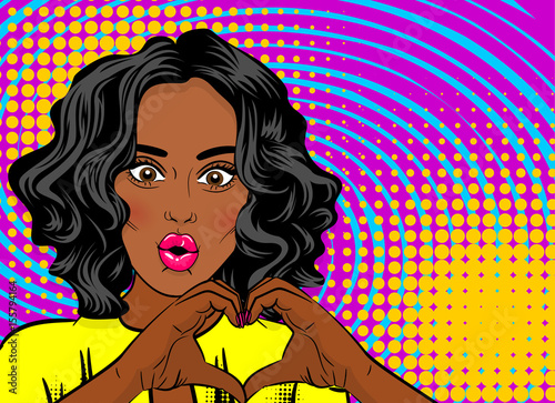 Black young woman pop art show heart hands