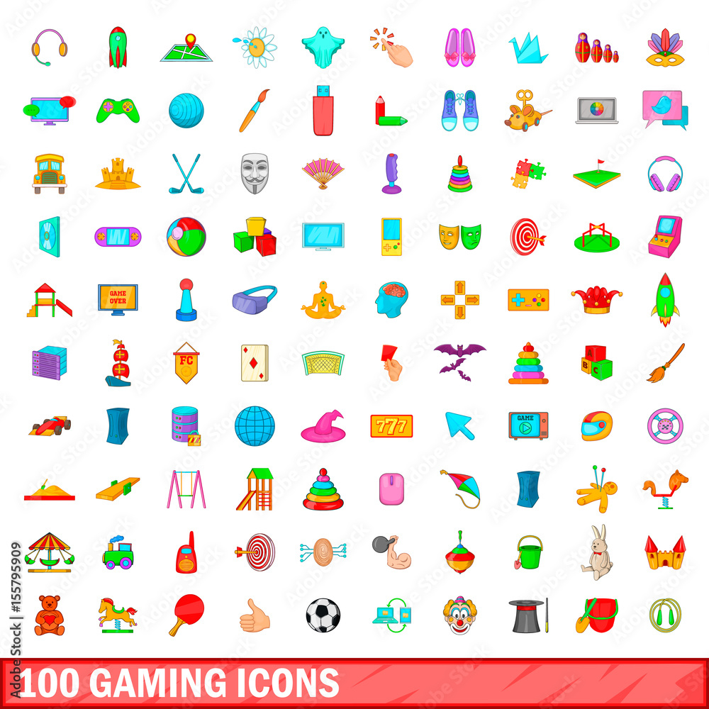 100 gaming icons set, cartoon style