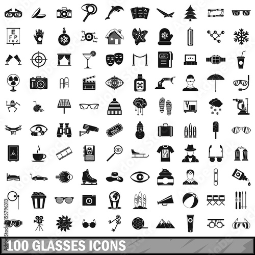 100 glasses icons set, simple style 