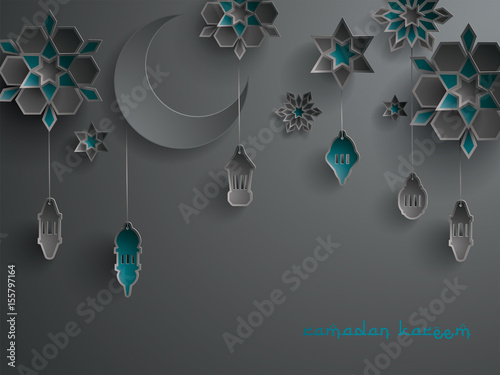 Paper graphic of Islamic decoration. Geometry art, Crescent moon and Arabic lantern. Ramadan Kareem - Glorious month of Muslim year.