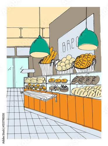 bread department hand drawn colorful illustration, store interior.