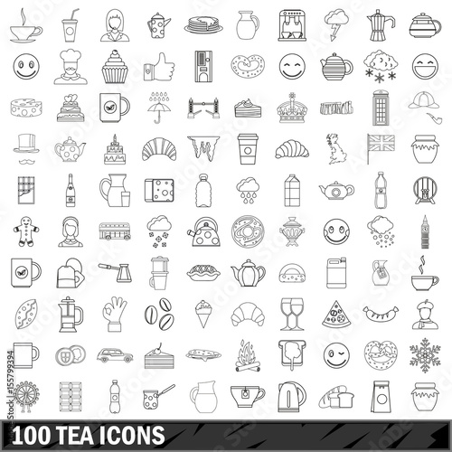 100 tea icons set, outline style